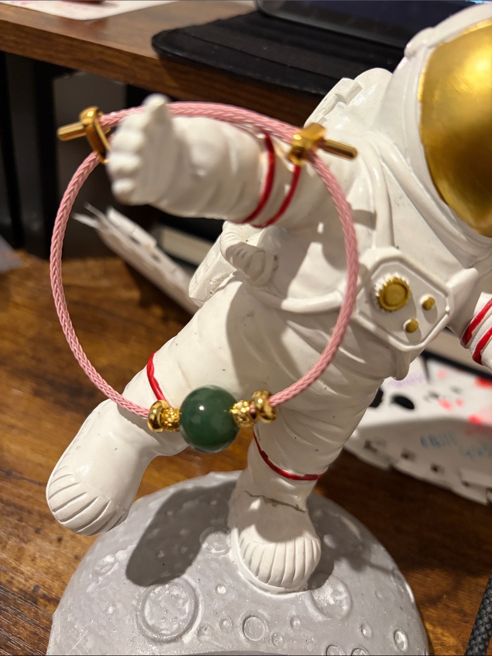 Hand Crafted Pink Cord Bracelet with Green Stone and Gold Accents